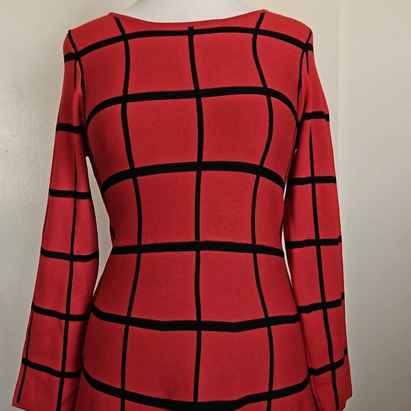 Luxxe Lane Red Plaid Sweater Dress Long Sleeves Fit&Flare Size Medium - Picture 3 of 13